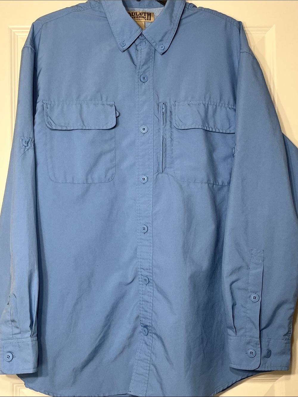 Duluth Trading Co Blue Fishing Shirt L UPF Ripstop Long Sleeve Vented